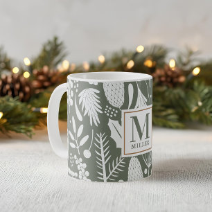 Mug Feuillage de Noël d'hiver Famille Monogramme Vert