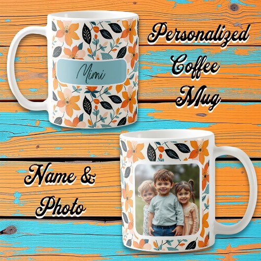 Mug Feuillage et fleurs orange et bleu Personnalisé