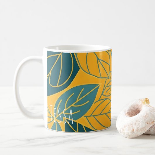 Mug Feuille Botanique Moderne Sarcelle et Or (Avec donut)