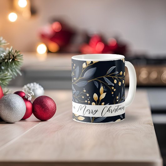 Mug Feuille de Noël bleu et or moderne
