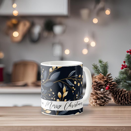 Mug Feuille de Noël bleu et or moderne