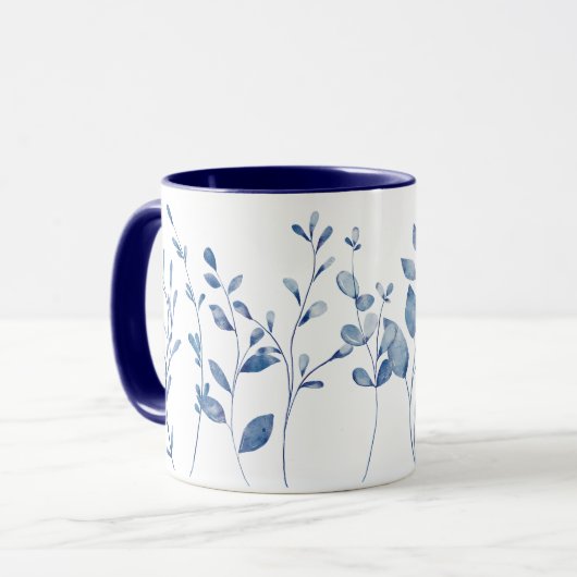 Mug Feuilles Bleu Aquarelle (Devant gauche)