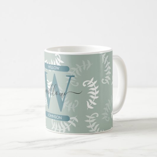 Mug Feuilles botaniques vert sarcelle Monogramme (Devant droit)