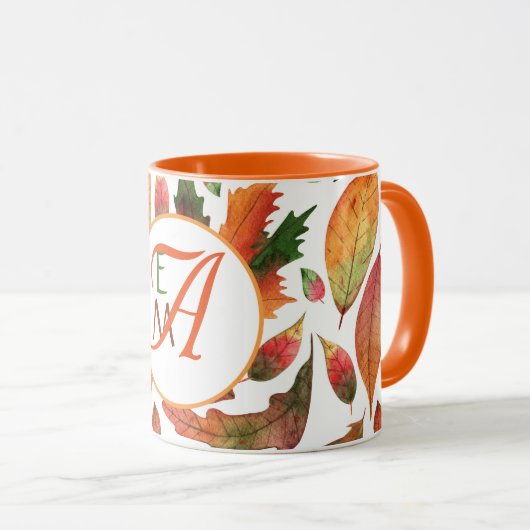 Mug Feuilles d'automne brodées Décor orange vert (Devant droit)