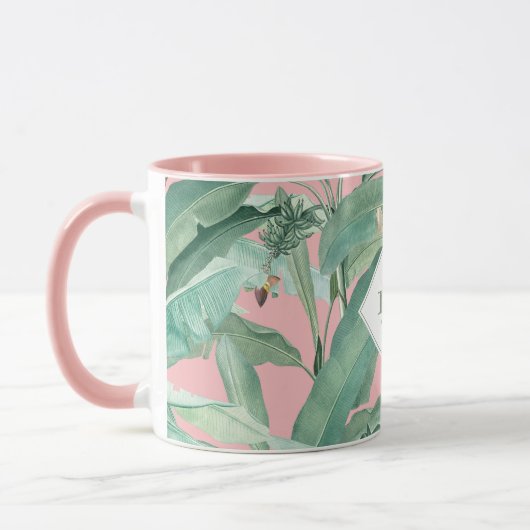 Mug Feuilles de bananes tropicales roses Monogrammes (Gauche)