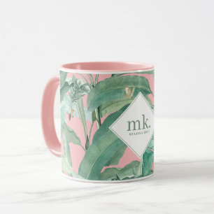 Mug Feuilles de bananes tropicales roses Monogrammes