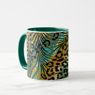 Mug Feuilles de palmier sur fond léopard.