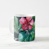 Mug Feuilles de palmier tropical foncé Fleur d'hibiscu (Devant gauche)