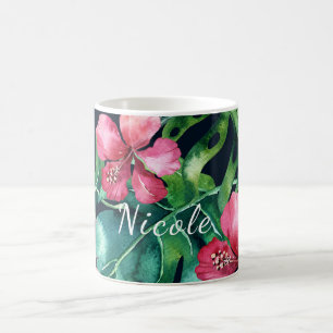Mug Feuilles de palmier tropical foncé Hibiscus floral