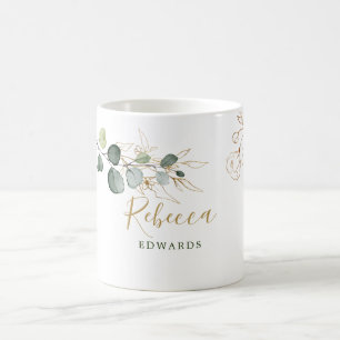 Mug Feuilles d'Eucalyptus, floral doré, votre nom
