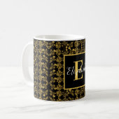 Mug Feuilles d'or et luxe noir | nom et monogramme (Devant gauche)