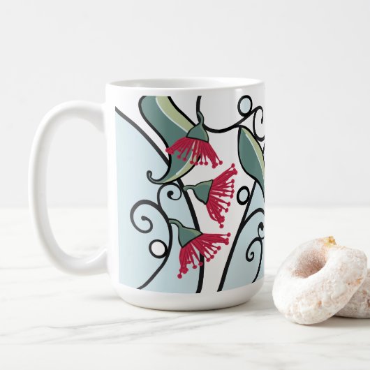 Mug Feuilles et motifs de fleurs bleus et rouges (Avec donut)
