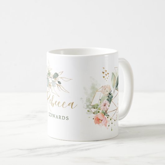 Mug feuilles eucalyptus, rose, cadre doré, votre nom (Devant droit)