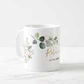 Mug feuilles eucalyptus, rose, cadre doré, votre nom (Devant gauche)
