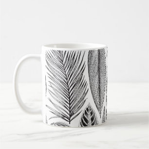 Mug Feuilles exotiques, vintage floral noir et blanc.