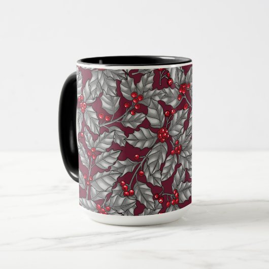 Mug Feuilles gris sur rouge foncé (Devant gauche)