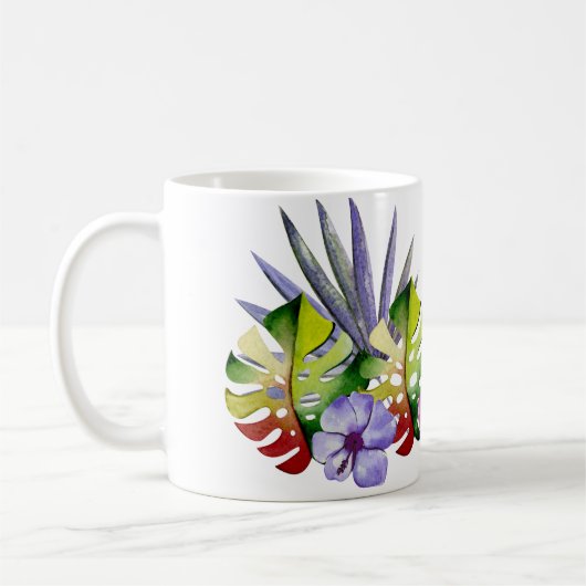 Mug Feuilles tropicales fleurs Hawaï aquarelle colorée (Gauche)