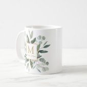 Mug Feuilles tropicales vertes aquarelles Monogramme (Devant gauche)