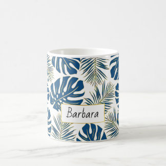 Mug Feuilles tropicaux bleu et or classique et nom