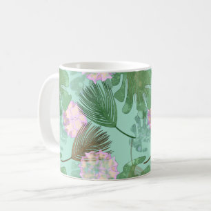 Mug Feuilles tropicaux et fleurs turquoise.