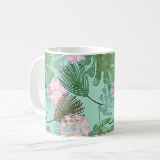 Mug Feuilles tropicaux et fleurs turquoise. (Devant gauche)