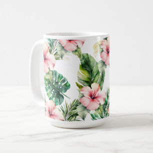 Mug Feuilles tropicaux Fleurs d'Hibiscus rose