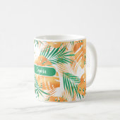 Mug Feuilles tropicaux orange et vert, nom blanc (Devant droit)