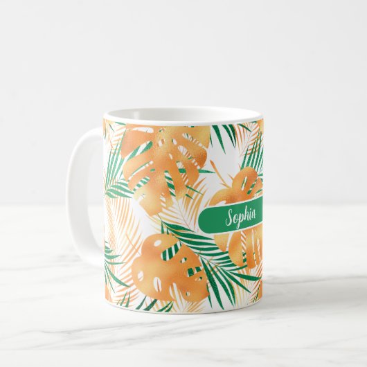 Mug Feuilles tropicaux orange et vert, nom blanc (Devant gauche)