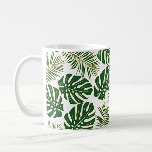 Mug Feuilles tropicaux vert et or et nom (Gauche)