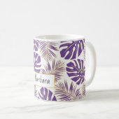 Mug Feuilles tropicaux violets et dorés et nom (Devant droit)