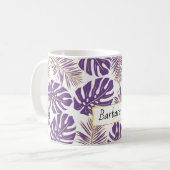 Mug Feuilles tropicaux violets et dorés et nom (Devant gauche)