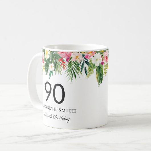 Mug Feuilles tropicaux Watercolor Personnalisé Anniver (Devant gauche)