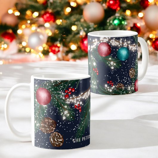 Mug Feux de Noël branches de pin neige bleu fête