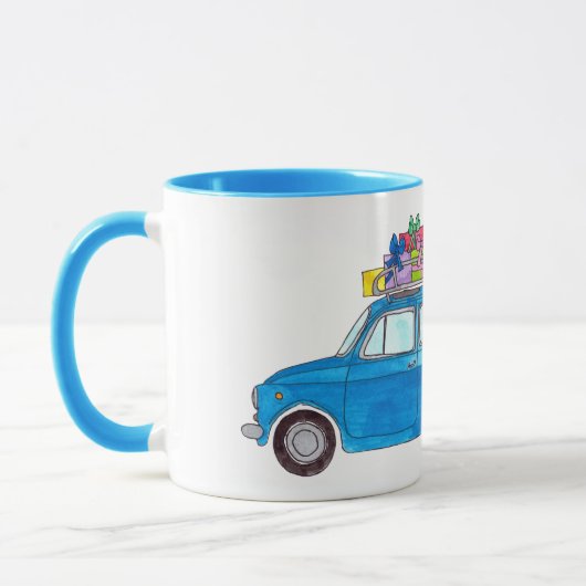 Mug Fiat bleu 500 avec Cadeaux de Noël Aquarelle (Gauche)