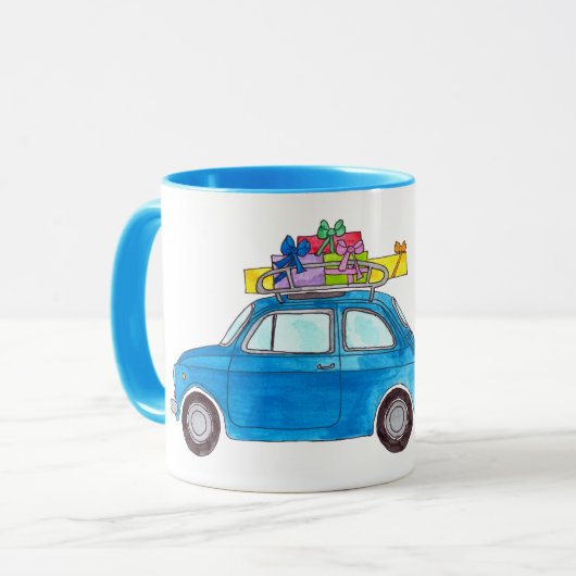 Mug Fiat bleu 500 avec Cadeaux de Noël Aquarelle (Devant gauche)