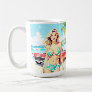 Mug Fille à la plage avec une voiture classique