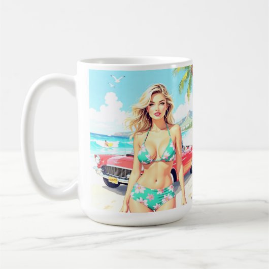 Mug Fille à la plage avec une voiture classique (Gauche)