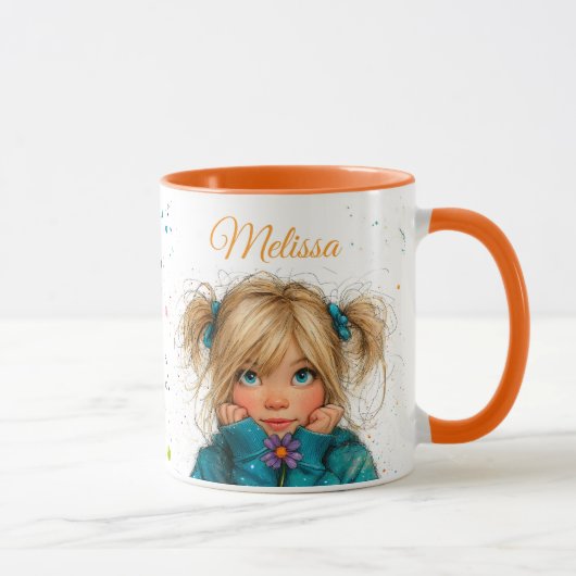 Mug Fille à l'aquarelle avec fleur Tout Nom (Droite)