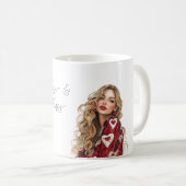 Mug Fille au pull à coeurs rouges Saint Valentin Câlin (Devant droit)