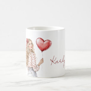 Mug Fille aux cheveux blonds blouse à coeurs rouges