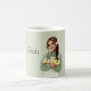 Mug Fille aux cheveux bruns tenant des poussins jaunes