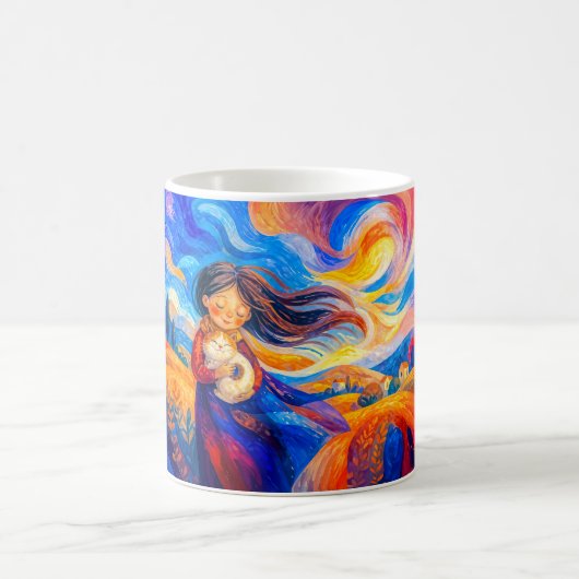 Mug Fille avec chat dans des couleurs fluides et vente (Centre)