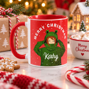 Mug Fille avec dessin de capuche de grenouille verte p