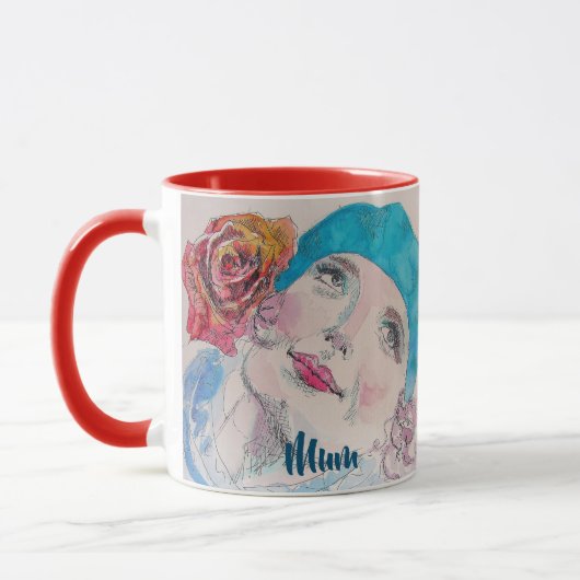 Mug Fille avec Rose Rouge Beret Aquarelle Florale Fleu (Gauche)