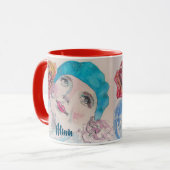 Mug Fille avec Rose Rouge Beret Aquarelle Florale Fleu (Devant gauche)