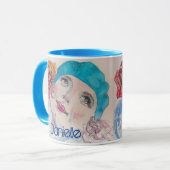 Mug Fille avec Rose Rouge Beret Aquarelle Florale Fleu (Devant gauche)