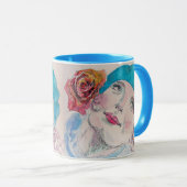 Mug Fille avec Rose Rouge Beret Aquarelle Florale Fleu (Devant droit)