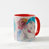Mug Fille avec Rose Rouge Beret Aquarelle Florale Fleu (Devant droit)