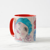 Mug Fille avec Rose Rouge Beret Aquarelle Florale Fleu (Devant gauche)