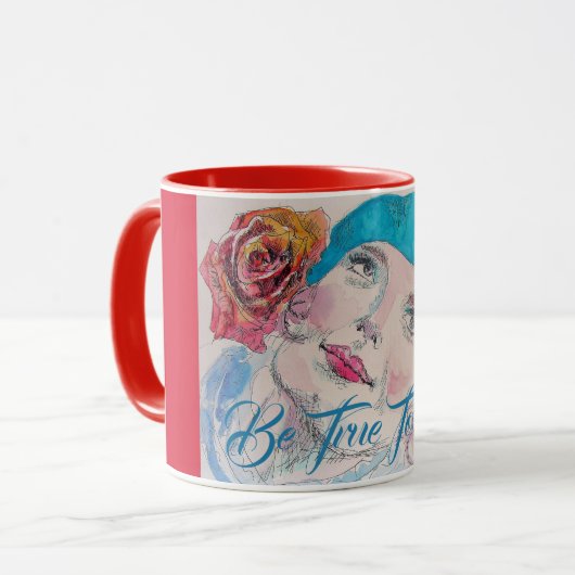 Mug Fille avec Rose Rouge Beret Aquarelle Soyez Vrai P (Devant gauche)
